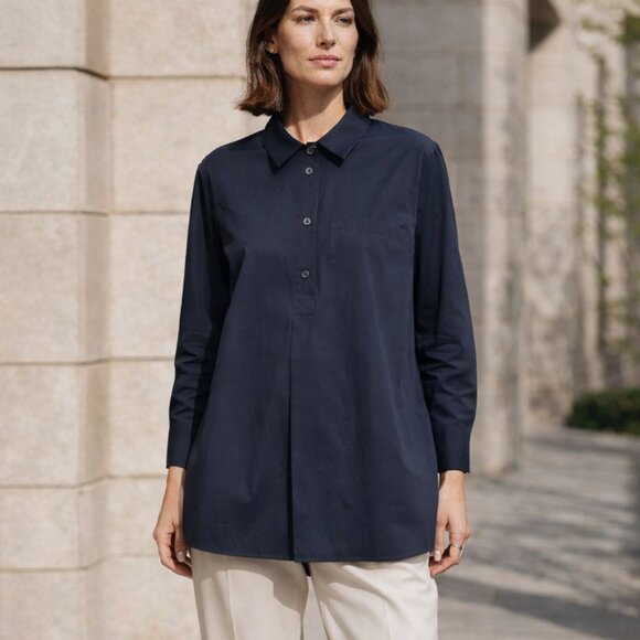 Lafayette 148 Navy Stretch Cotton Button Front Shirt XL